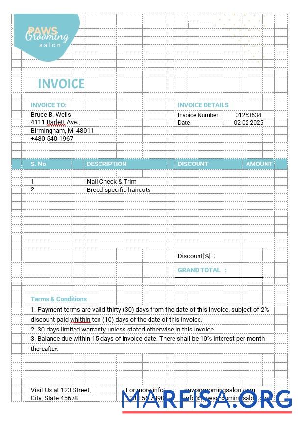 Printable Pet Grooming Invoice Template